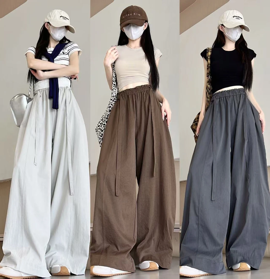 （送腰带）韩系挺阔弯刀空气裤女百搭木耳边压褶休闲阔腿裤长裤