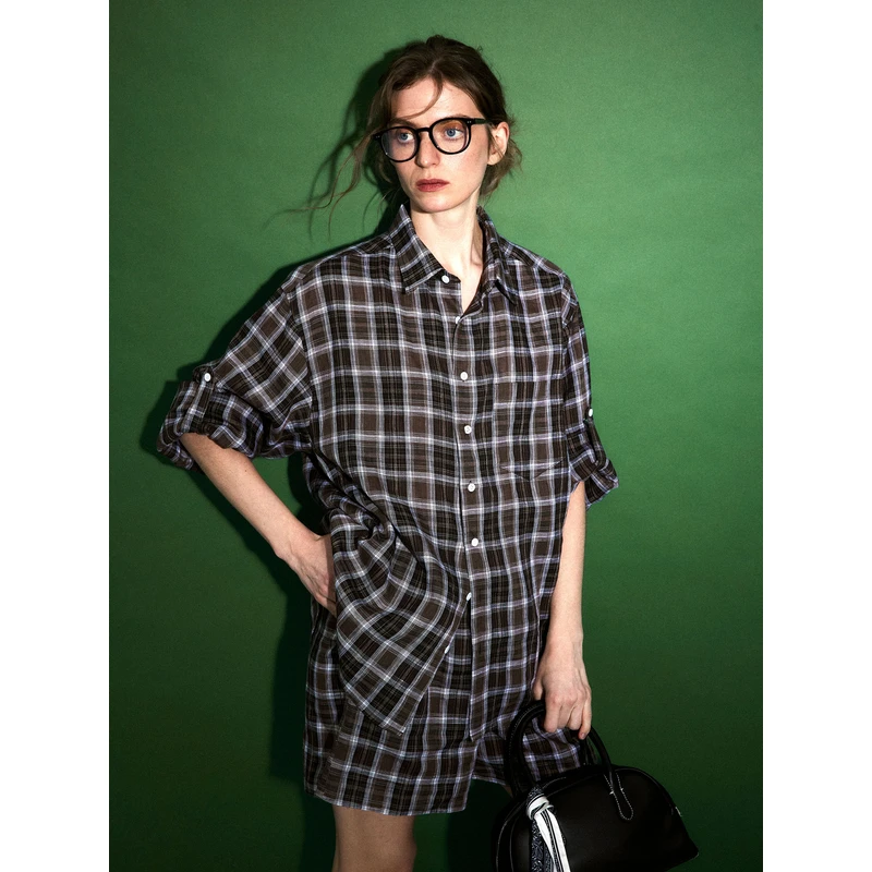 1747「100％亚麻」高智感英伦老钱风格纹长袖短裤 时髦懒人套装