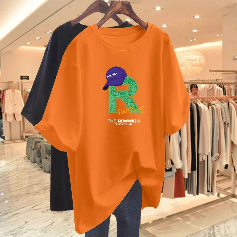 欧货纯棉正肩短袖t恤女2025夏新款宽松圆领设计感字母印花上衣ins