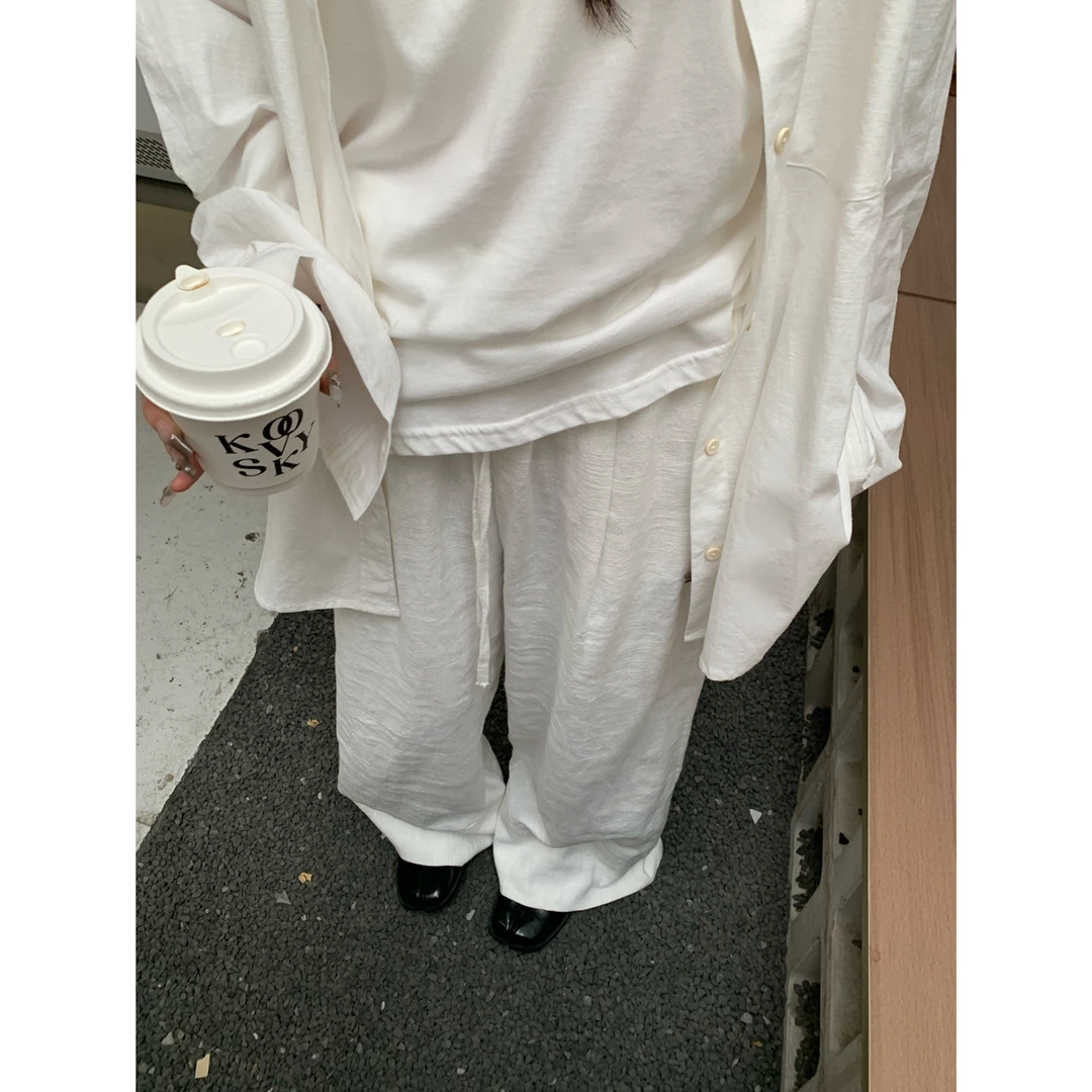 【清苍 轻麻】高腰直筒白色休闲阔腿裤女百搭简约苎麻长裤