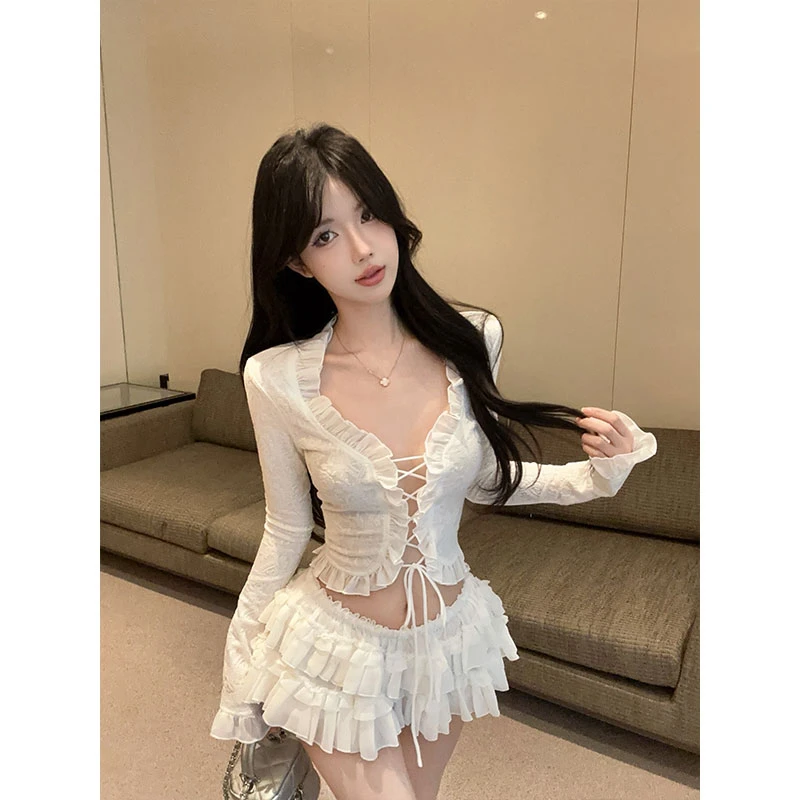 纯欲风辣妹性感白色系带开衫上衣女蕾丝花边a字短裙时尚两件套