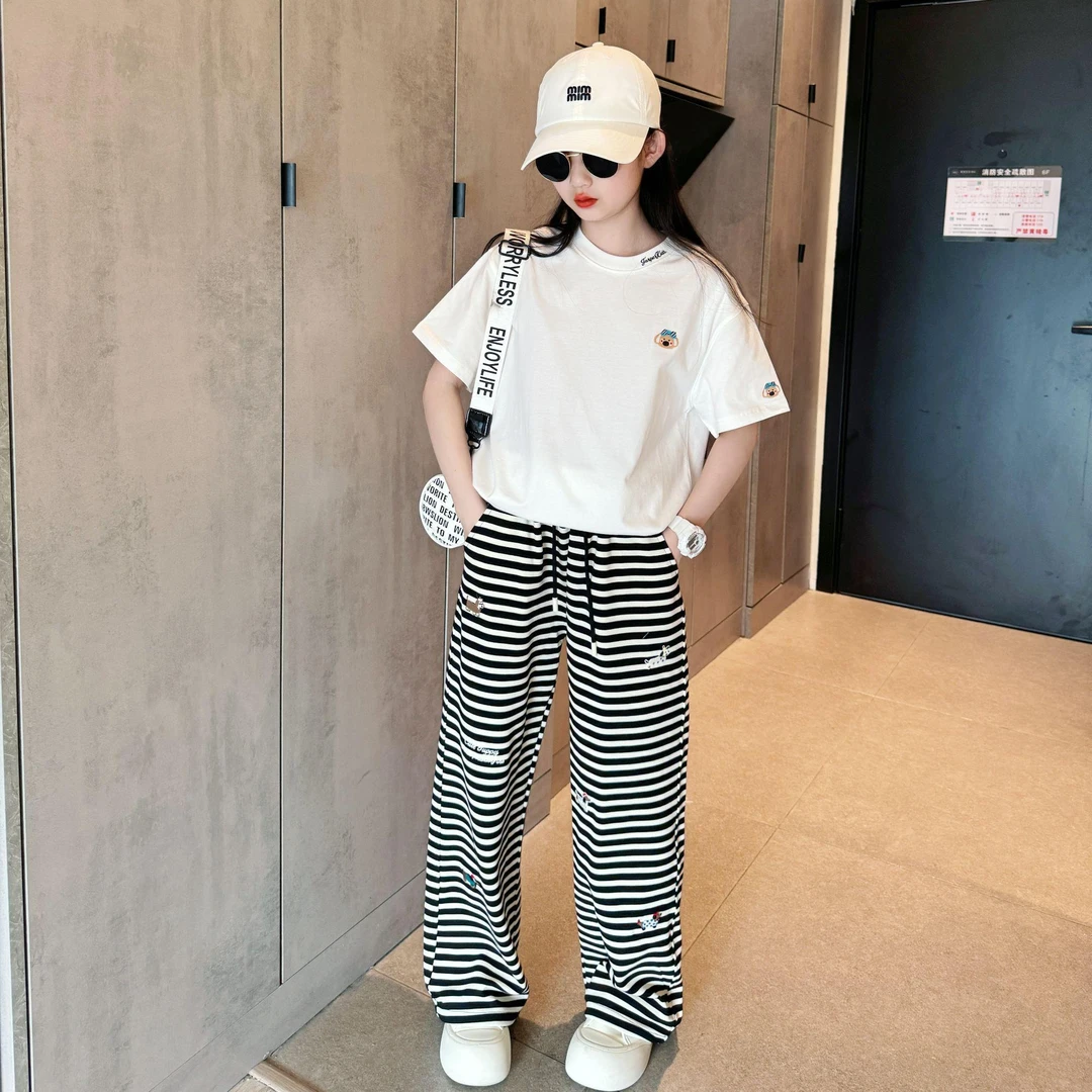 女童夏季套装2025新款时尚条纹裤简约纯棉T恤洋气百搭休闲两件套