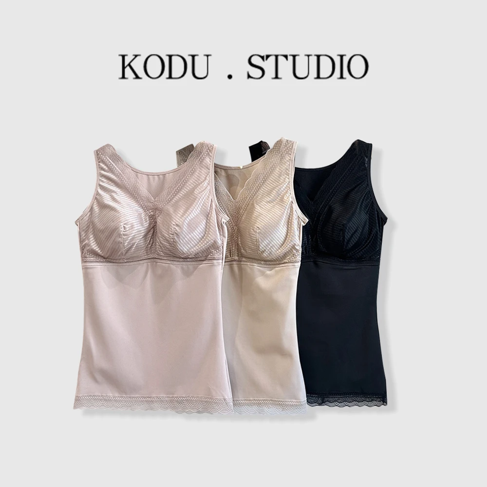 【刻度KODU】FZ-6069秋冬季V领拼接蕾丝边磨毛一体式保暖打底背心