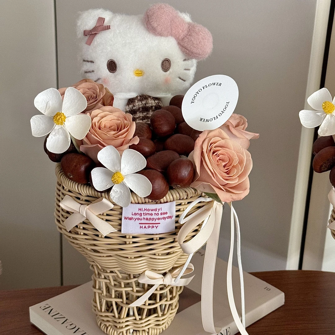 【抱抱我】4朵卡布奇诺玫瑰混搭KT猫抱抱桶花束生日礼物生日鲜花花店送花上门送闺蜜送女朋友A5