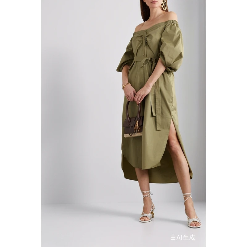 STAUD 早春女美拉德一字肩中长纯色连衣裙