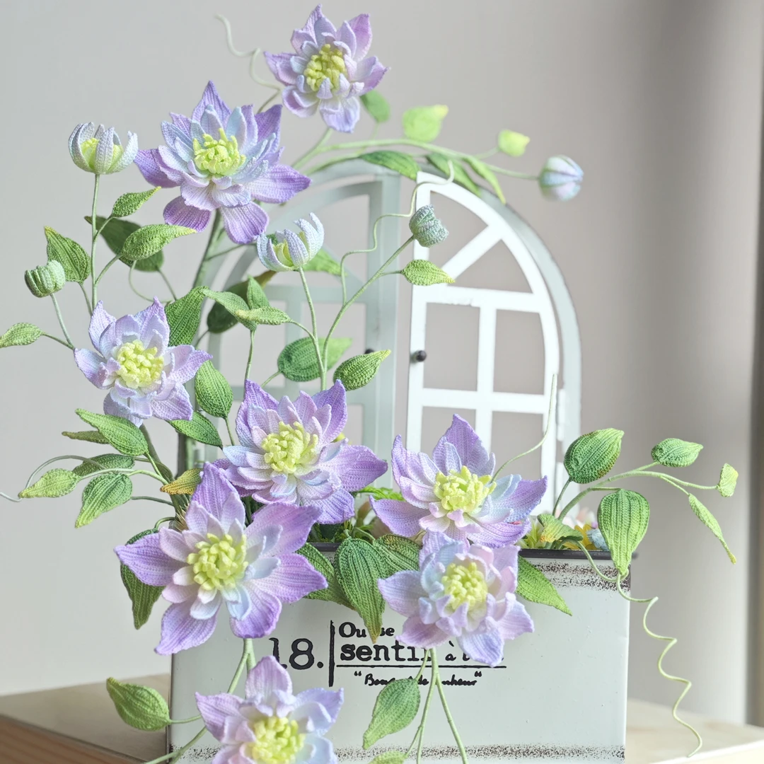 纯手工微钩针编织北欧ins风小铁线莲仿真花客厅软装插花创意摆件