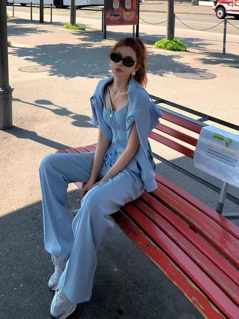 慵懒运动休闲套装女连帽短款卫衣外套+超显瘦吊带阔腿连体裤