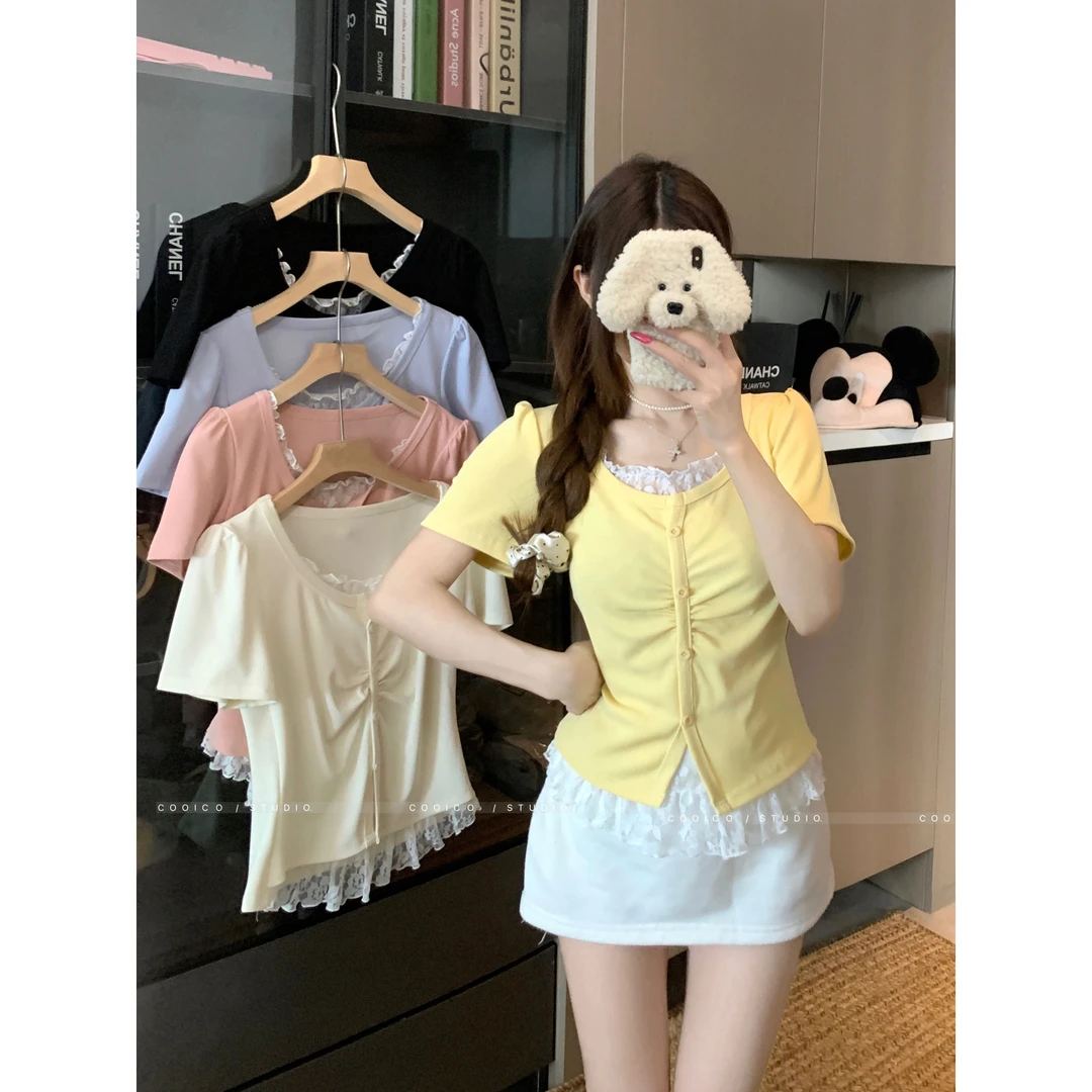 【又又】夏季大码欧若风韩系穿搭蕾丝假两件短袖打底衫T恤上衣女
