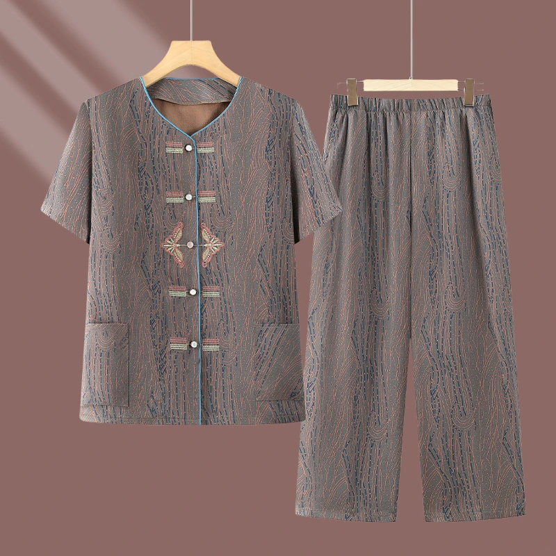 奶奶夏装短袖套装中老年人女装妈妈洋气衬衫60岁老太太时尚两件套