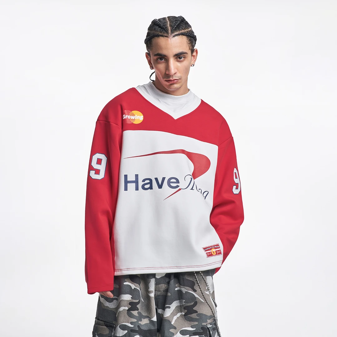 MT99【Growing红白撞色卫衣】美式春秋新款宽松长袖T恤男女情侣款潮