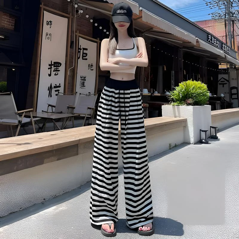 美式黑白条纹阔腿休闲裤女夏季冰丝薄款抽绳松紧腰显瘦垂感拖地裤