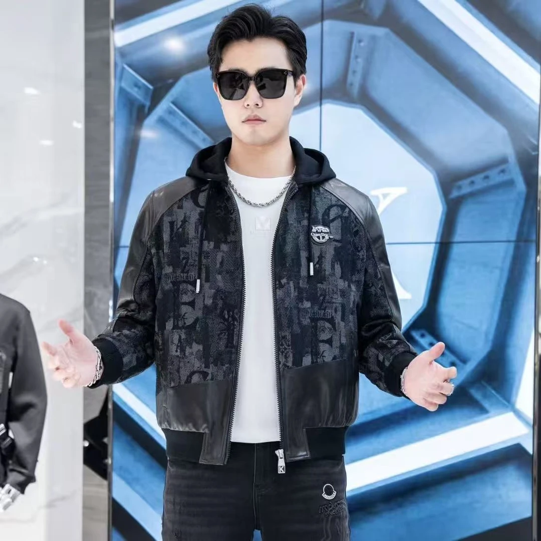 【VanJazny】新款高端男士休闲百搭潮流拼皮印花羽绒夹克BEW9009