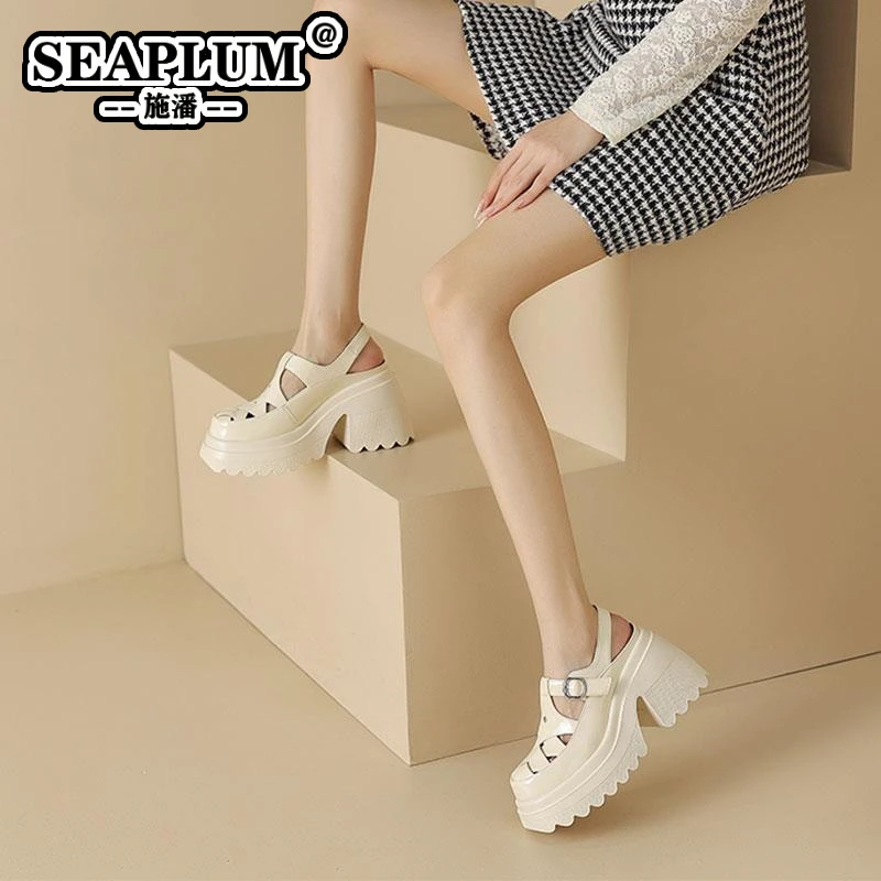 SEAPLUM真皮10cm高跟透气包头凉鞋女夏季编织镂空松糕底厚底休闲