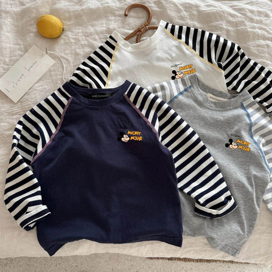 男童长袖T恤纯棉春秋季新款韩版卡通条纹上衣儿童宝宝打底衫拼接