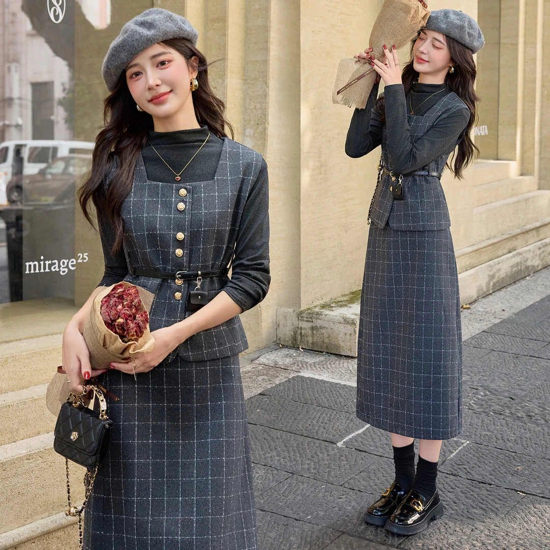 法式小香风格子背心半身裙套装女2025年秋季新款韩系轻熟风三件套