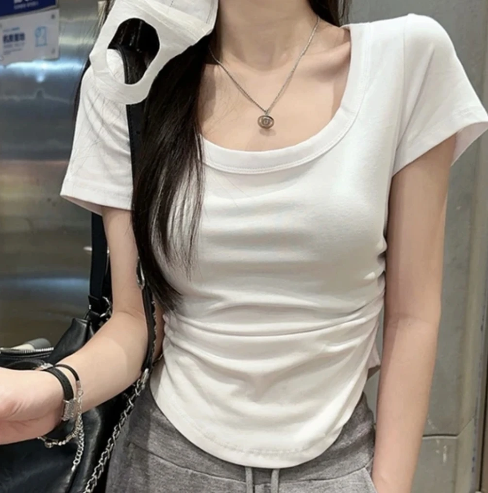 闺蜜家 微胖大码修身纯色U领T恤夏季侧边褶皱短袖上衣3599