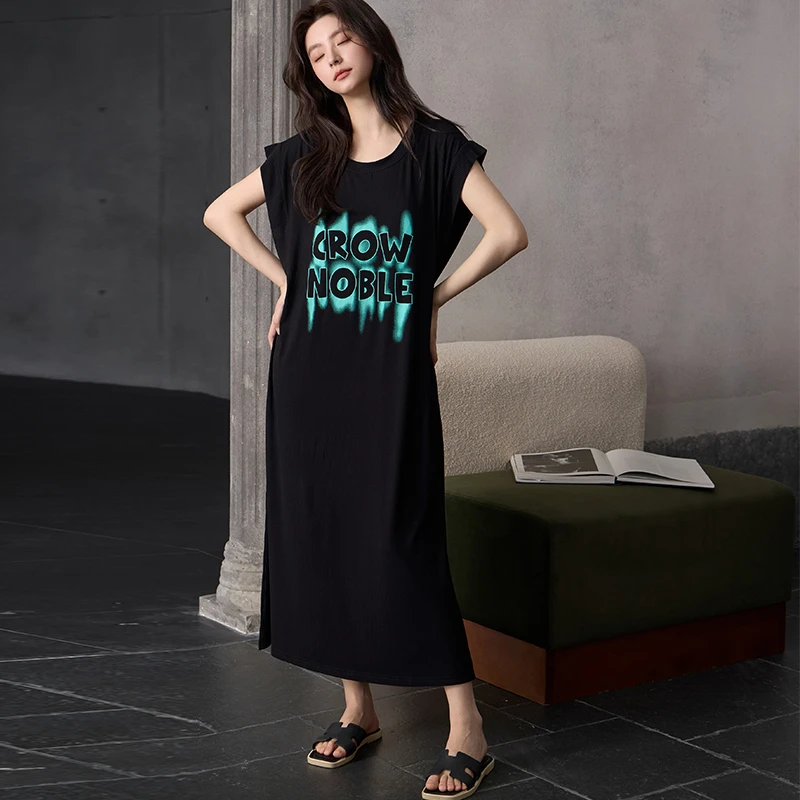 【带胸垫】莫代尔睡裙女夏季薄款宽松休闲黑色显瘦高级感中长款睡衣