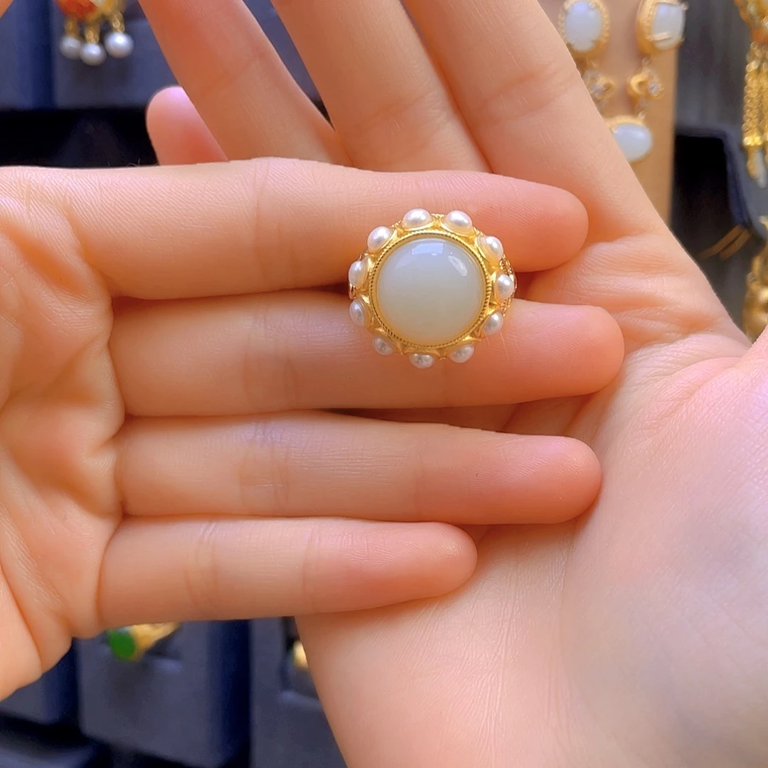 和田玉戒指银S925镀金镶嵌