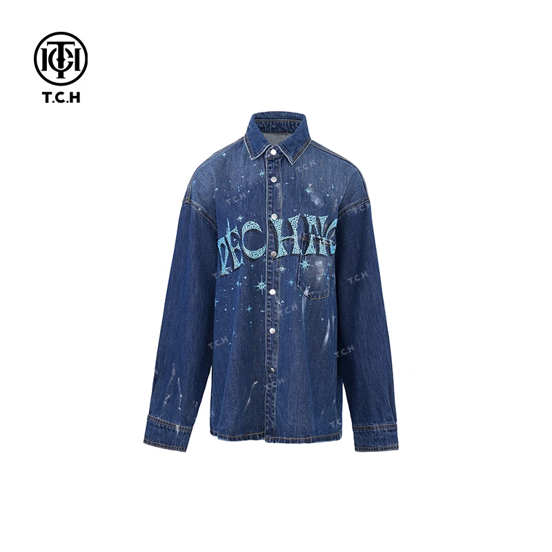 TCH轻奢烫钻工艺蓝色休闲时尚复古洋气衬衣女T75A13E5002私服tch