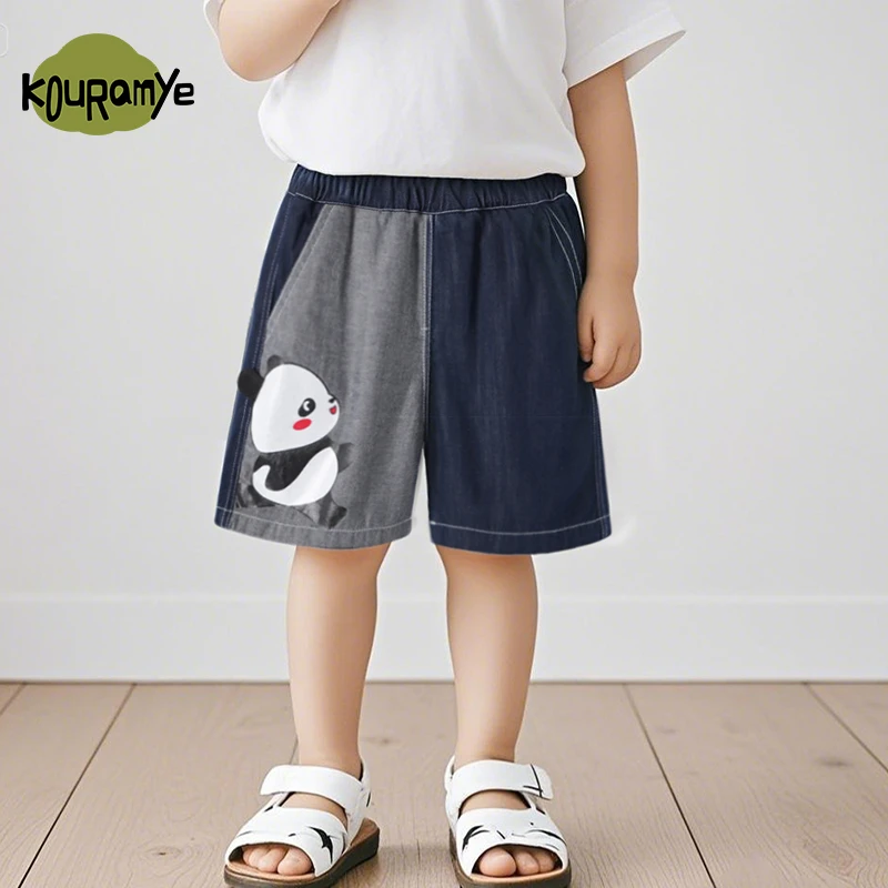 酷娃米夏季新款儿童裤子中小男女童百搭熊猫拼色牛仔短裤70426