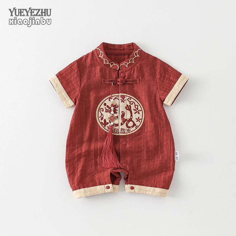 百天婴儿衣服夏装红色宝宝中国风连体衣夏季薄款外出周岁满月哈衣