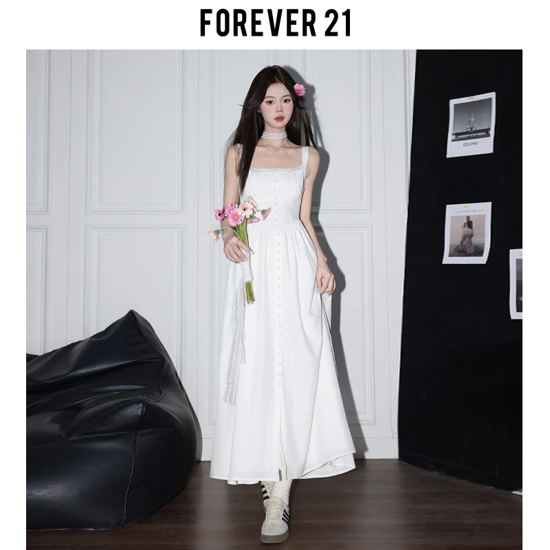Forever21绝美蕾丝吊带女法式A字牛仔裤白色连衣裙恋夏风穿搭