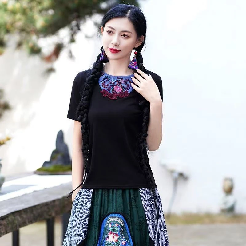 民族风国风圆领重工刺绣修身显瘦遮肉气质百搭短款上衣T恤8918
