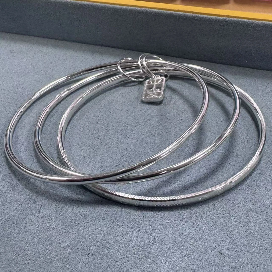 足银手镯 三圈拉丝招财平安手镯-60