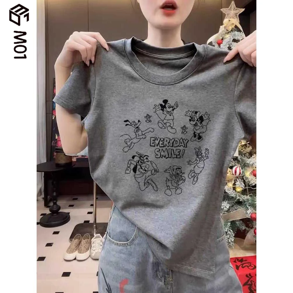 M01正肩短袖t恤女装2025夏季新款时尚百搭深灰色打底衫上衣薄款