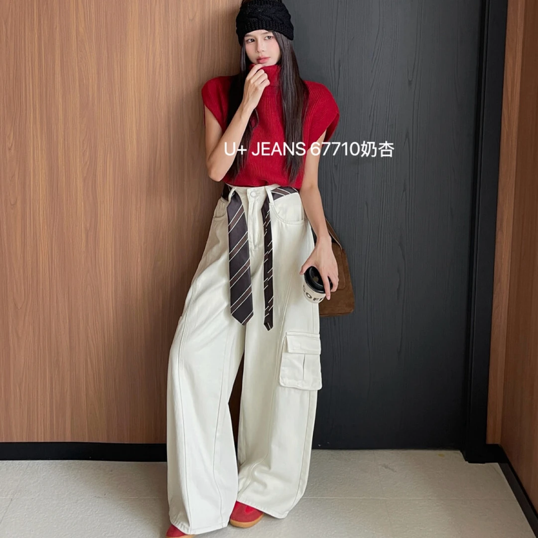 秋季高腰大口袋休闲显瘦阔腿工装裤百搭长裤阔腿裤宽松