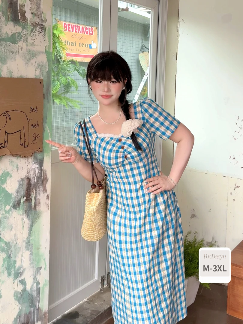 月半鱼【内购会】韩系格纹连衣裙女夏甜美温柔拼接蕾丝公主裙