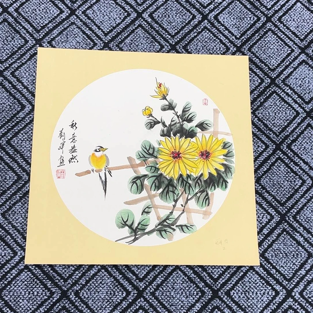 国画刘峰老师三尺斗方卡纸花鸟奇