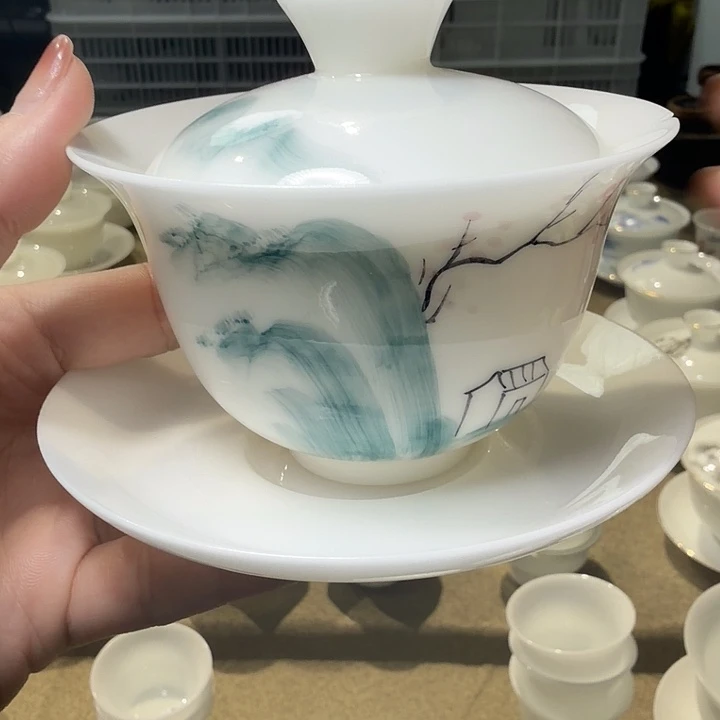 冰种专场手绘釉下彩三才盖碗山水