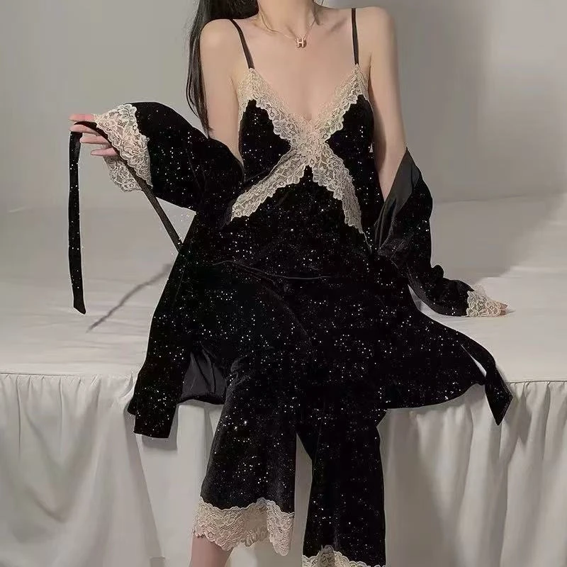 金丝绒星空三件套睡衣女带胸垫吊带长裤蕾丝性感气质秋冬款家居服