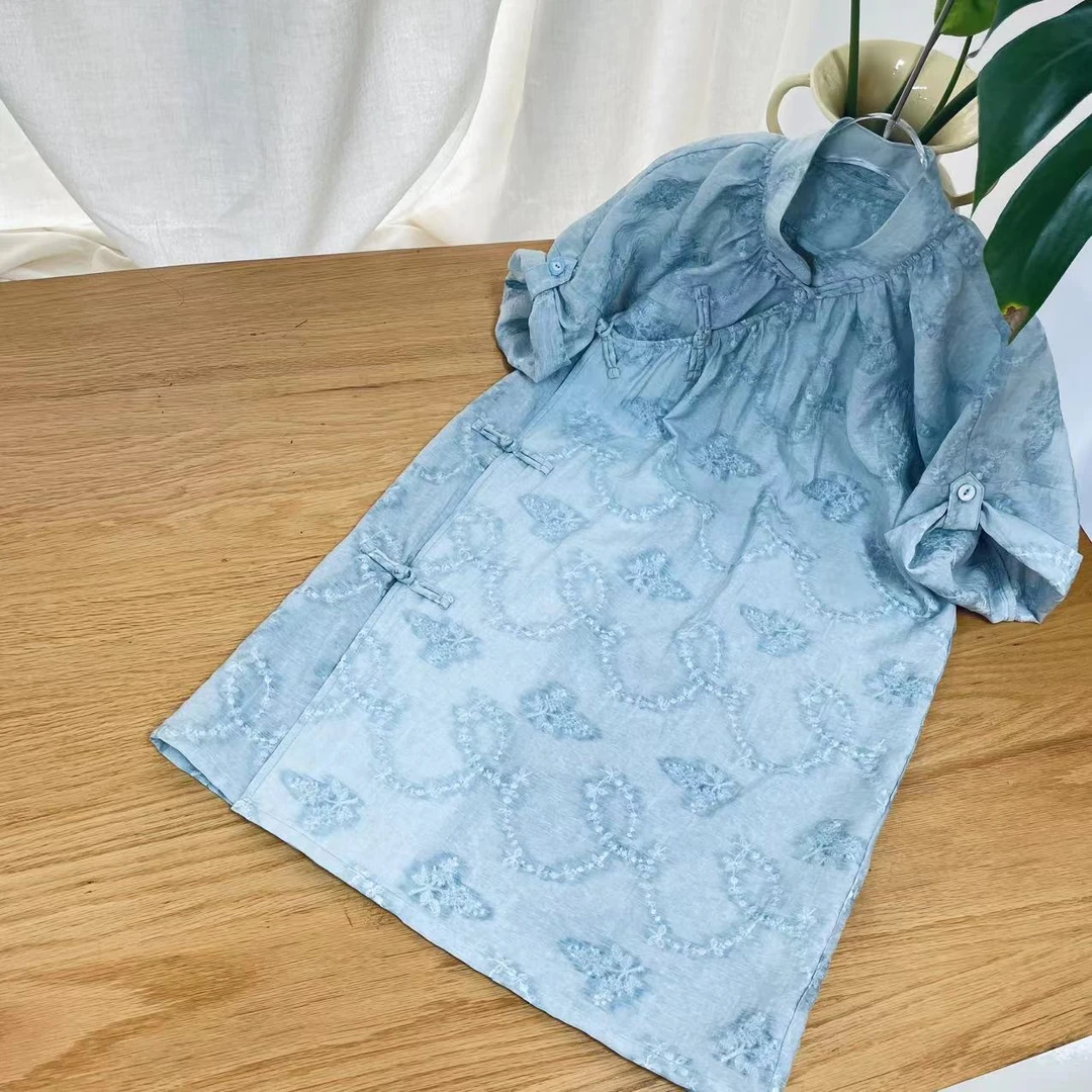 【喜儿定制】X春夏季新款百搭时尚长袖汉服休闲中大童夏季中式蓝色