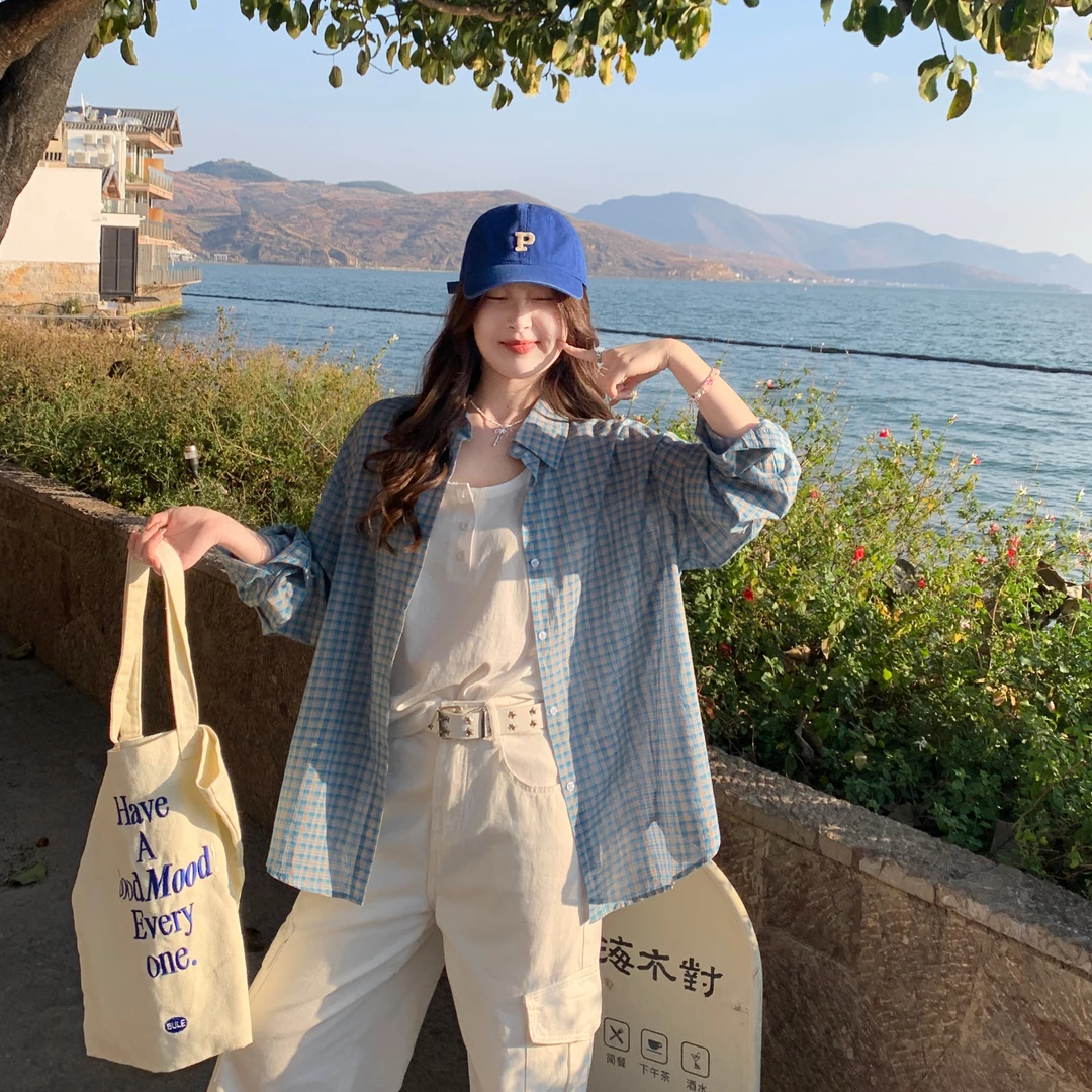 蓝色格子衬衫女夏季2025新款设计感小个子衬衣中长款薄款防晒外套