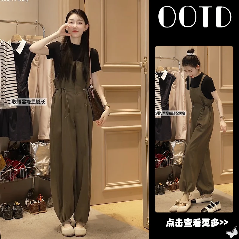 秋季穿搭一整套女2025新款韩版黑色T恤收腰百搭休闲背带裤两件套