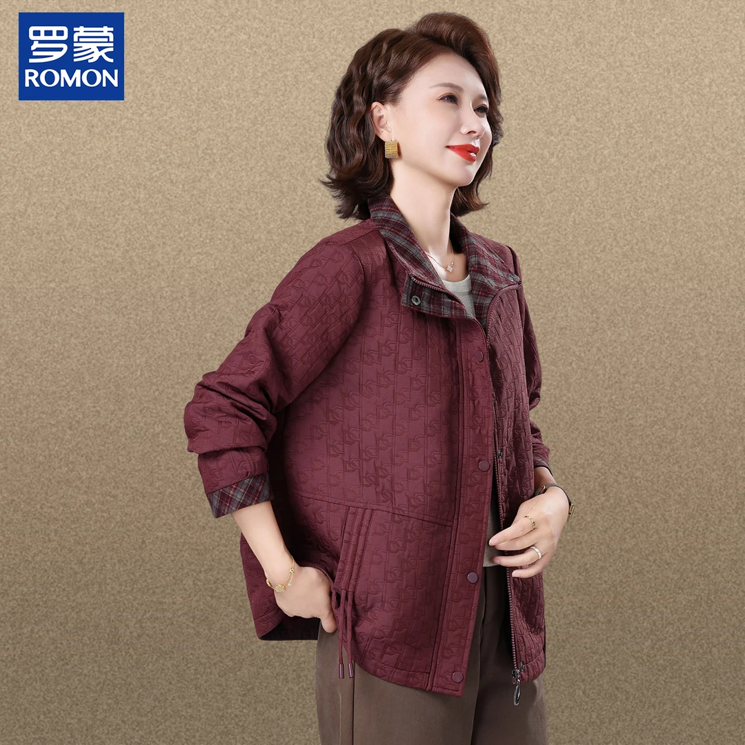 罗蒙洋气妈妈秋装印花翻领外套新款中老年女装秋季时尚纯色夹克衫