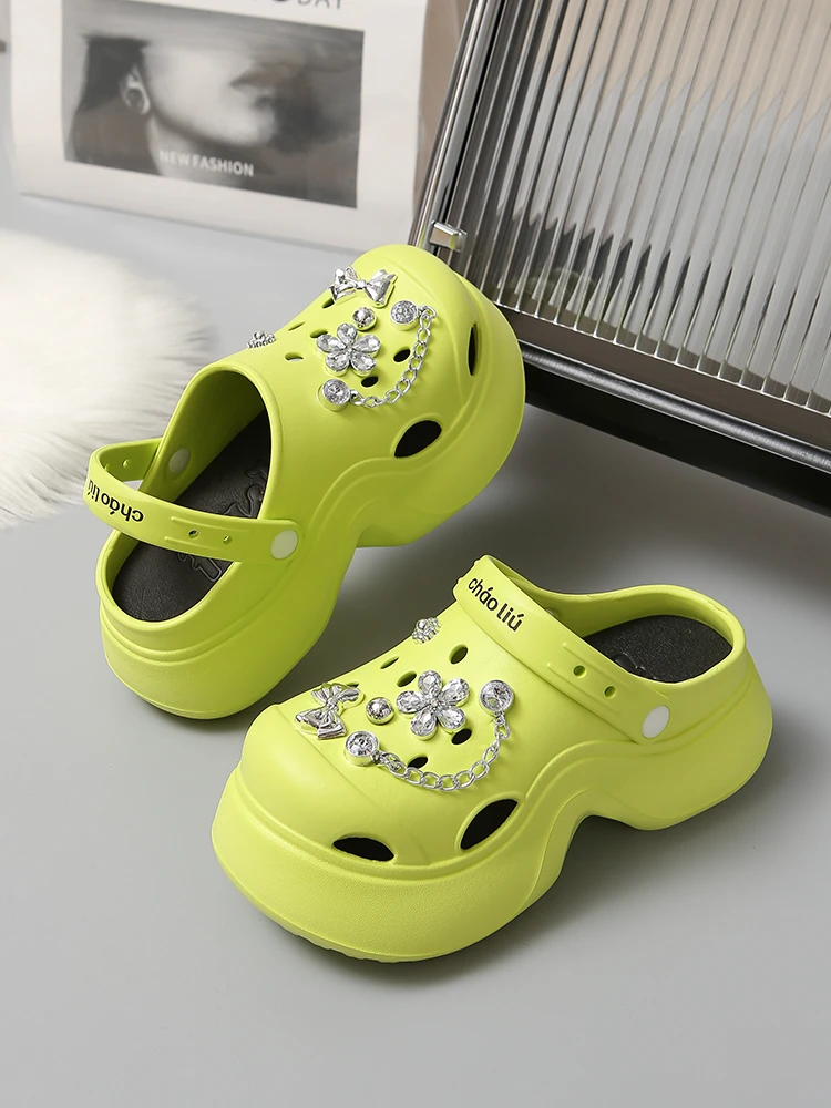 休闲甜美网头链条花洞洞鞋青年修面舒适厚底凉拖鞋半拖夏季女