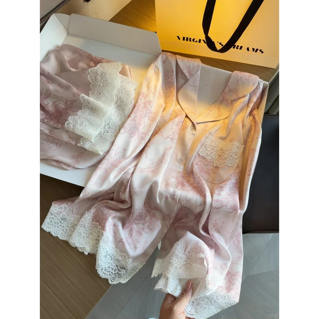 气质花卉轻奢高级蕾丝花边冰丝睡衣女士套装2025新款春夏家居服