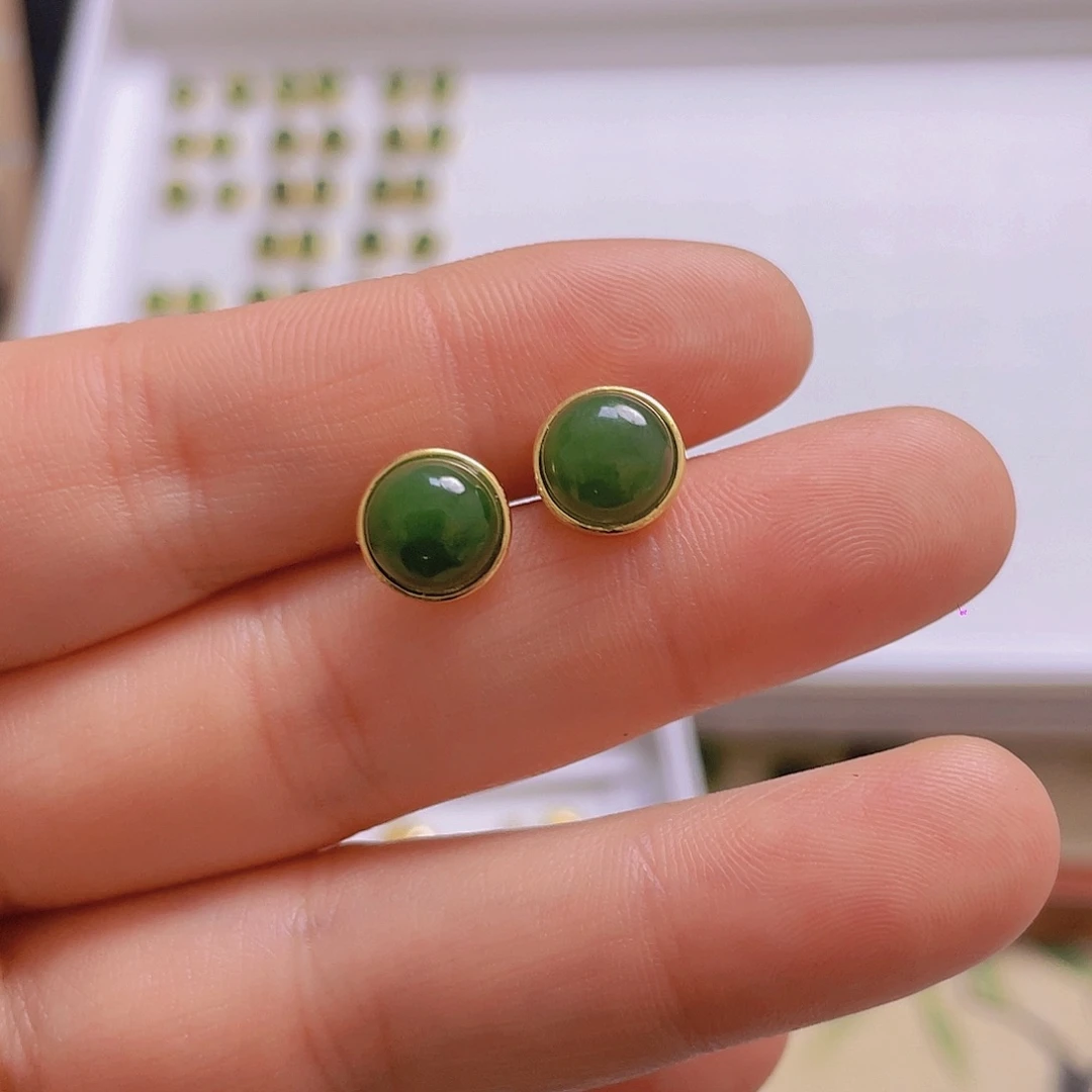 和田玉耳饰银S925镀金镶嵌