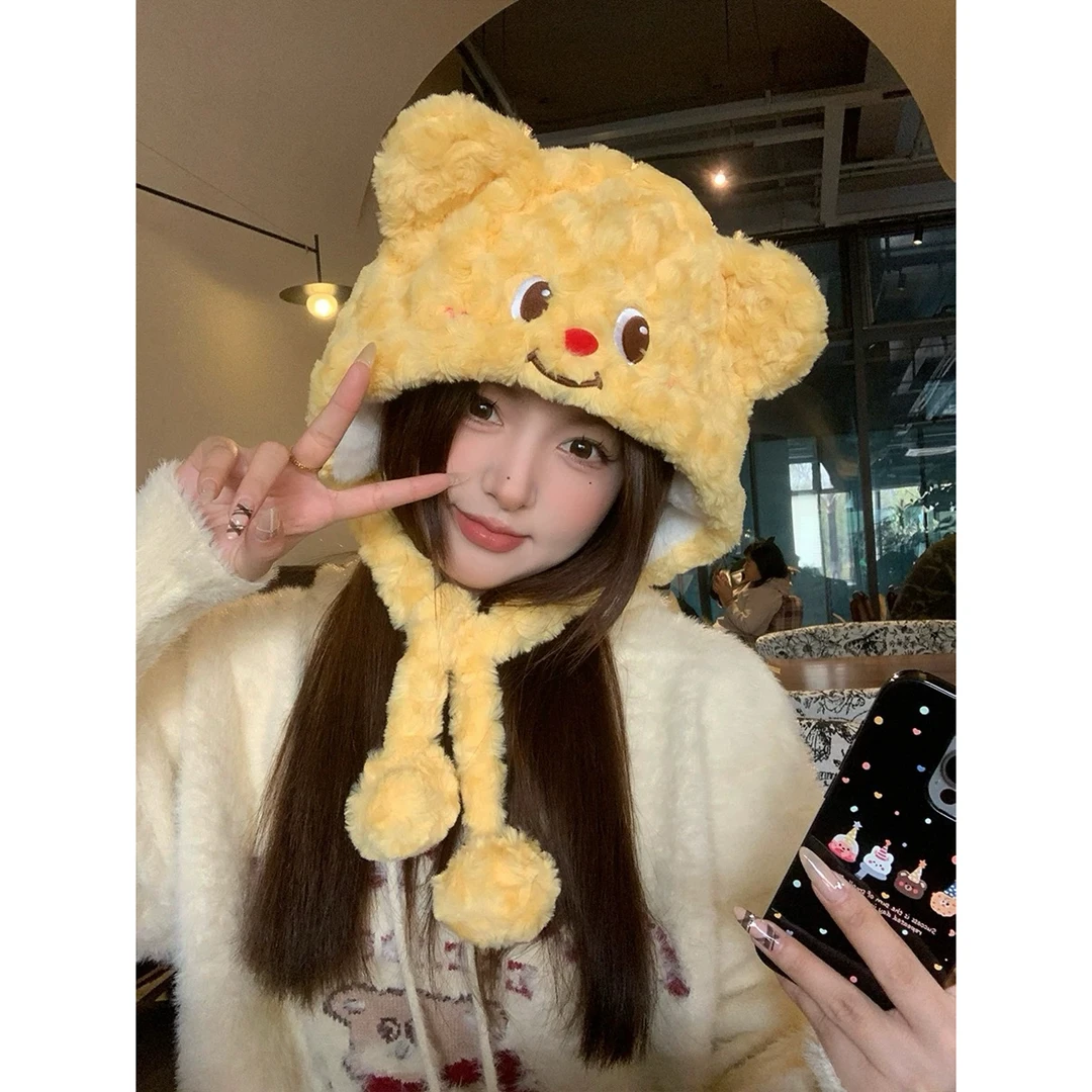 卡通可爱黄油小熊显脸小毛绒帽女秋冬季保暖防寒小熊帽护耳雷锋