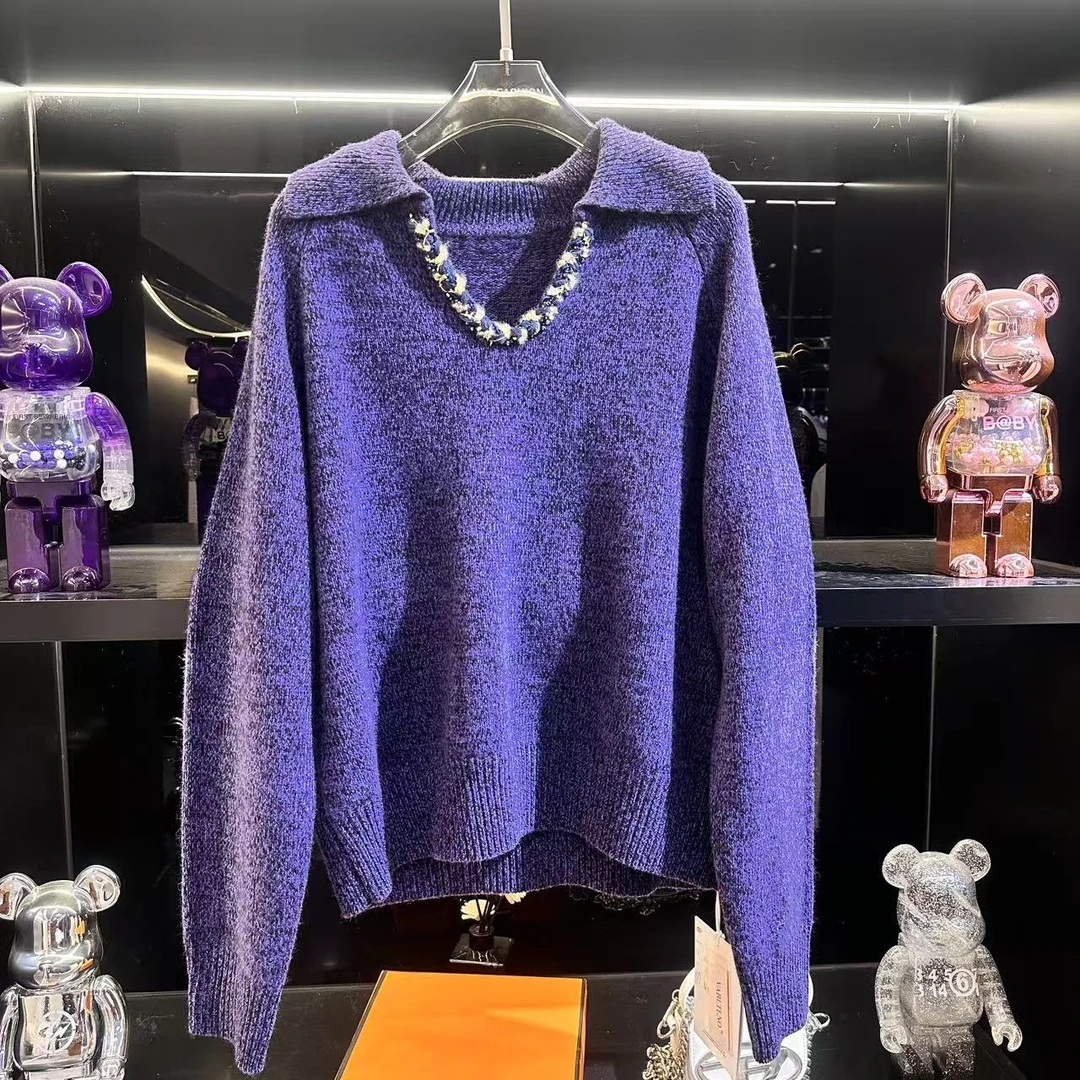 【DAXIU轻奢】秋冬纯色V领百搭刺绣针织衫-9236