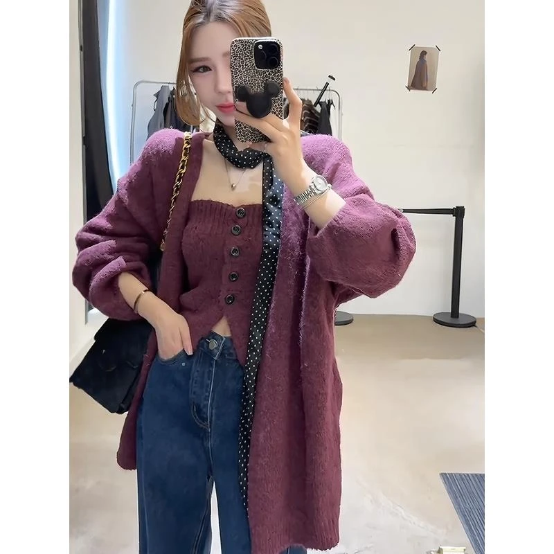 时尚套装女秋季新款软糯宽松毛衣开衫外套内搭针织抹胸背心两件套