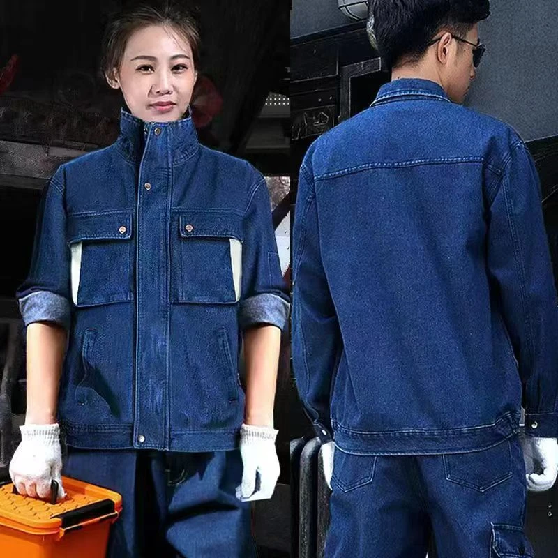 秋冬牛仔工作服套装长袖加厚立领防烫耐磨耐脏汽修电焊工作服工服