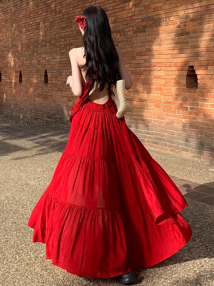 夏季新款海边度假绝美露背性感开叉显瘦长裙子法式红色绑带连衣裙