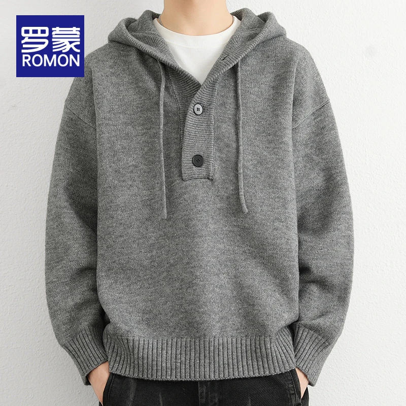 罗蒙男士秋冬休闲连帽毛衣男2025新款宽松潮流百搭针织衫外套男款