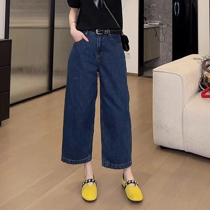 大码欧货蓝色九分牛仔裤女春夏胖mm梨形显瘦宽松小个子直筒阔腿裤