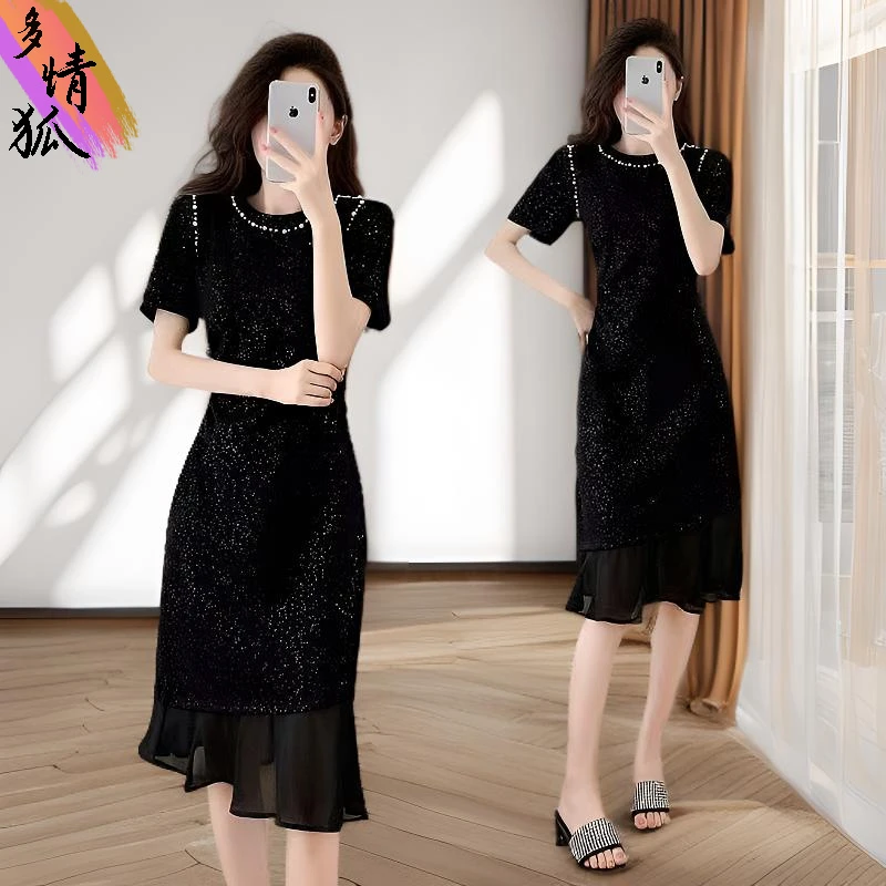 夏装新款大码修身钉珠鱼尾连衣裙女时尚高级设计感轻奢百搭小黑裙