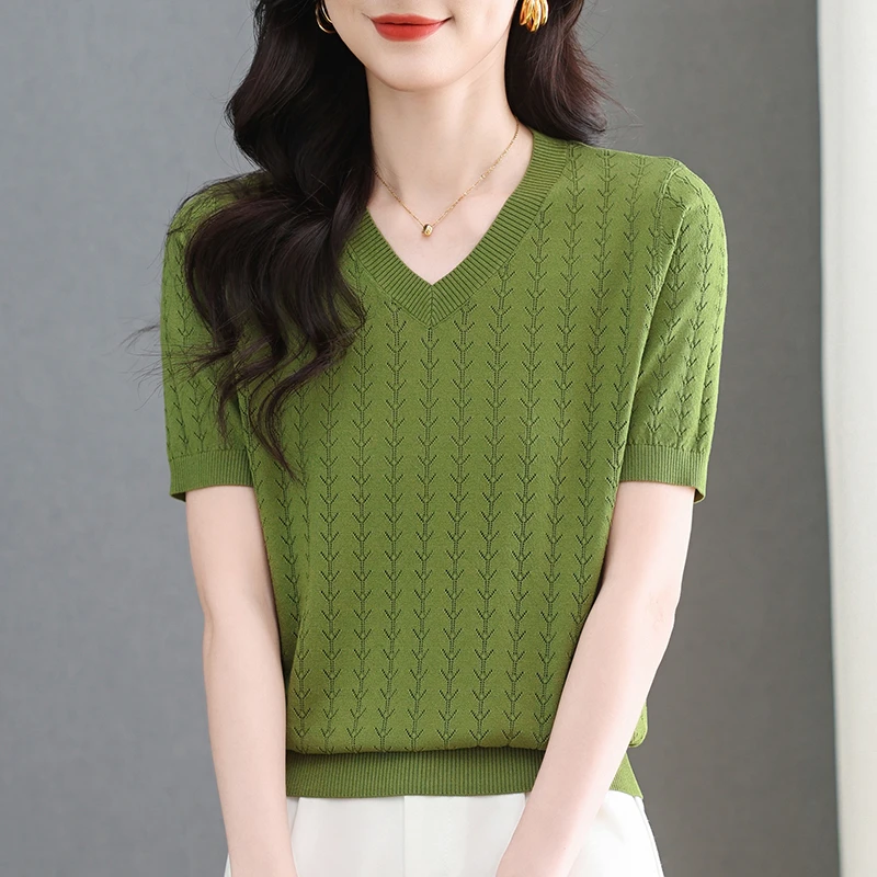 品牌桑蚕丝短袖t恤女v领提花半袖体恤上衣夏季薄宽松外穿针织小衫